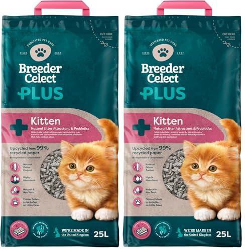 Breeder Celect Plus Kitten Cat Litter (25L) - 99 Percent Recycled Paper, Absorbent Cat Litter, Natural Probiotics & Attractant, Optimal Odor Control, Non-Clumping, Biodegradable - Made in UK