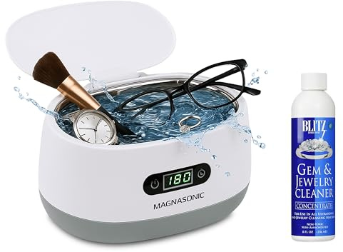 Magnasonic Nettoyeur à ultrasons – Nettoyant à ultrasons pour réservoir de 590 ML avec Solution concentrée de nettoyant pour Bijoux et Pierres précieuses de 226,8 g, minuterie numérique, 5 Modes de