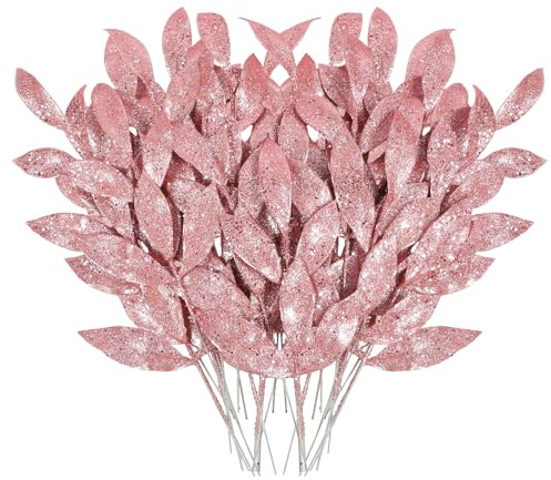 MWOOT 16 Pezzi Foglie di Natale Artificiale Glitterate, Finti Foglie Natalizio Rosa con Steli, Rami di Foglia in Plastica per Ghirlanda Albero di Natale Bouquet di Nozze Casa Giardino Decorazione