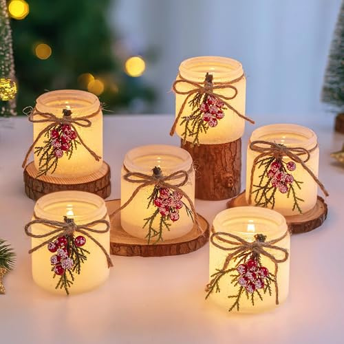 Glasseam Teelichthalter Weihnachten Weihnachtsdeko Tisch: 6er Set Teelichtgläser mit Roten Beeren Deko Teelichtglas für Tischdeko Weihnachten Kerzengläser für Esstisch Party Geschenk
