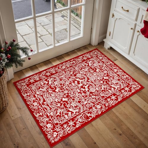 PureCozy Entryway Rug Christmas Door Mat, Small Washable Area Rugs Kitchen Bathroom Office Living Room Mat, Low Pile Xmas Non-Slip Bedroom Carpet for Front Door Entrance Indoor, 60x90 cm