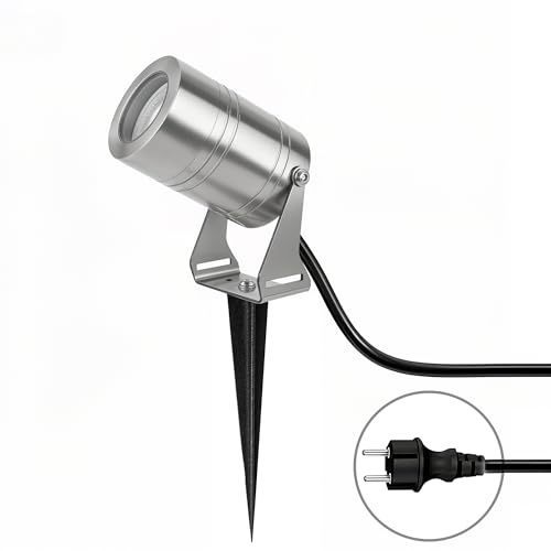 JNR Edelstahl LED Gartenbeleuchtung mit Strom und Erdspieß, Silber | IP65 Wasserdicht Gartenlampen für Draußen Strom mit 2M Kabel mit Stecker, Gartenleuchten 5W GU10 3000K Warmweiß Glühbirne