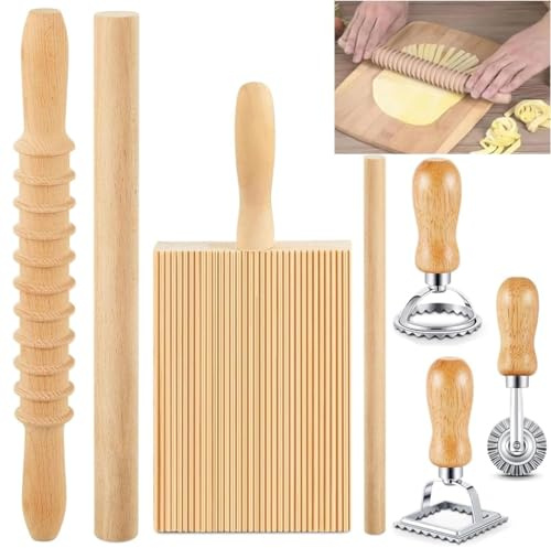 7 Pcs Gnocchi & Pasta Making Set – Wooden Gnocchi Board, Ravioli Stamp & Rolling Pin Kit, Homemade Pasta Tools for Ravioli, Dumplings & Baking Lovers