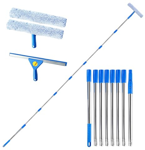 10Ft (3m) Window Cleaning Equipment with Long Handle, 35cm Window Squeegee and 37cm Scrubber Set with Long Poles, Professional Windows Washing Kit for Outdoor Home Commercial Use Car, RV
