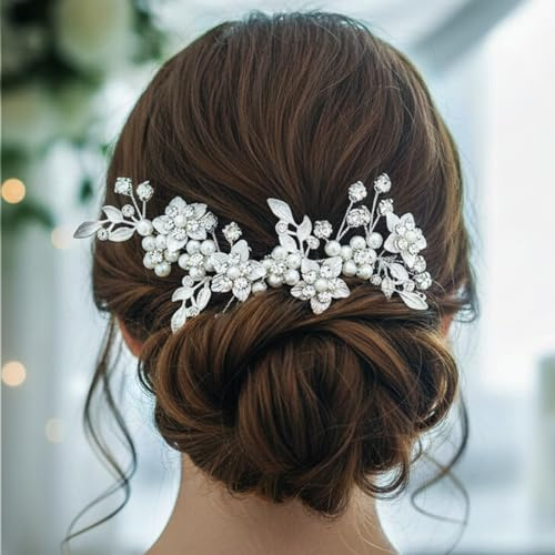 Flayem Silberner Brauthaarkamm mit Kristallblume und Blatt, eleganter Hochzeit Shaarschmuck, funkelnde Strasssteine