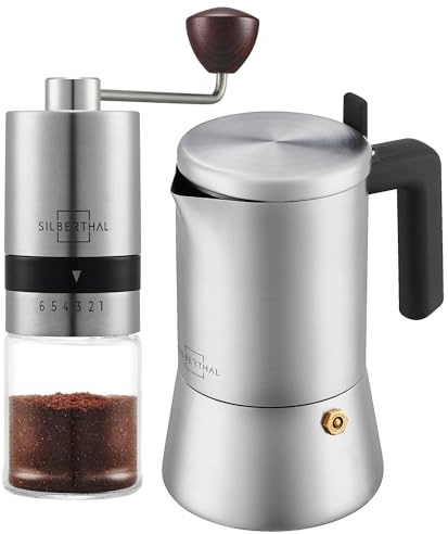 SILBERTHAL Set cafetera italiana 300ml y molinillo de café manual - Moka inducción y gas - Acero inoxidable