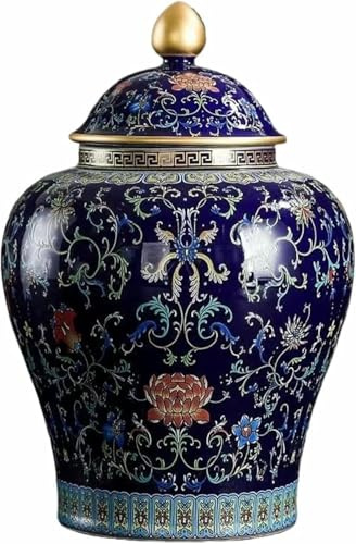 haohang Pot à gingembre ancien en porcelaine jaune chinoise avec couvercle hermétique, pot de style temple en céramique - Vase décoratif et boîte de conservation hermétique(Dark blue)