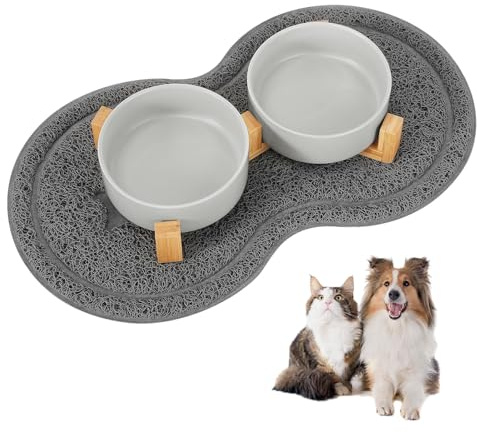 Foymlon Gamelle pour Chien, 400ML 2 Pièces Gamelle Chien Chat Surelevee Céramique avec Support en Bambou et Tapis Antidérapants pour Chiens de Petite et Moyenne Taille (Gris)