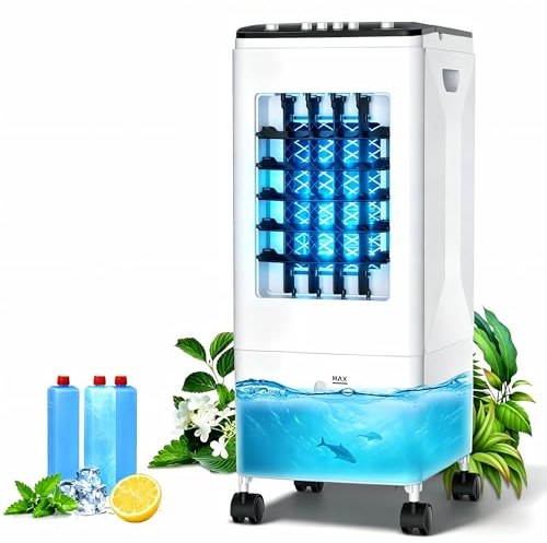 Portable Air Conditioner, 【2026 4-in-1 Evaporative Air Cooler Fan】, 60W Space-Saving Design, 6L Water Tank, 3 Ice Packs, 60° Oscillation, 46dB Quiet, Pet-Friendly Cooling for Home & Office