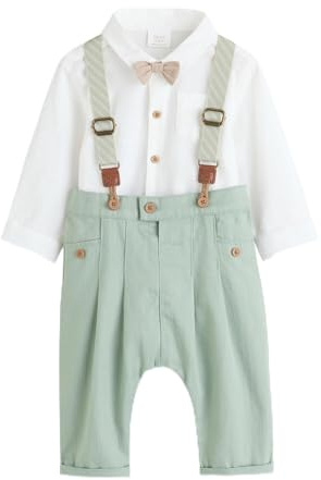 NEXT Bambini Confezione 3 pezzi per neonati con camicia, pantaloni e bretelle Verde salvia 9 Mesi-12 Mesi