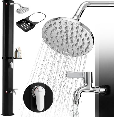 Sekey Solardusche 40L Solar-Gartendusche Gartendusche - Ohne Strom & energiesparend - mit 360° schwenkbarem Duschkopf, Fußdusche & Metallablageschale, max. 60°C Sommerdusche für ein erfrischendes Dusc