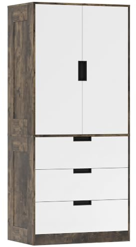 HOMCOM 2 Door Wardrobe with 3 Drawers 50D x 80W x 180Hcm Rustic Brown | Hanging Rail, Modern Clothes Storage Cupboard Unit, Bedroom Wardrobe, Soft Closing Hinge