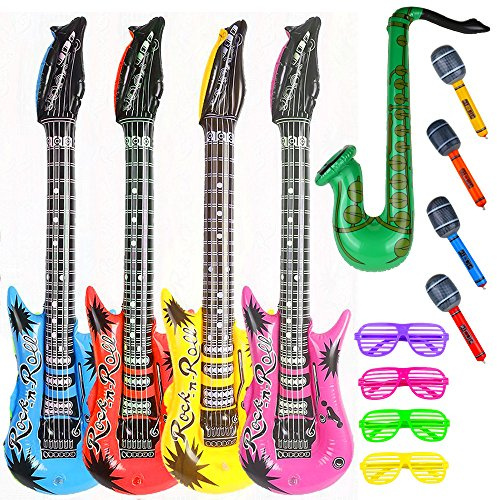 Party Inflatable Rock Star Toy Set,13 Pack, 4 Designs Inflatable Toy Set,4 Electric Guitar,4 Microphones ,4 Shutter Shading Glasses and 1 Saxophone,for Concert Theme Party Favors