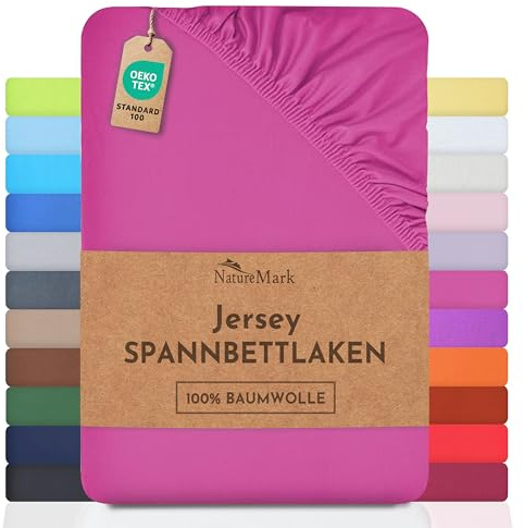 NatureMark Jersey Spannbettlaken, Spannbetttuch 100% Baumwolle in vielen Größen und Farben MARKENQUALITÄT ÖKOTEX Standard 100 | 90 x 200 cm - 100 x 200 cm - pink
