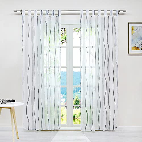 ESLIR Gardinen mit Schlaufen Vorhänge Gardinenschals Voile Grau 140x245 | Transparent, Fensterschal, 1 Stück, Schlaufenschal, Fenstergardinen, Wohnzimmer, Fenster innen, Wellen Muster, modern