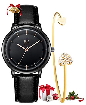 SHENGKE Geschenkset für Damen, Quarzlederband, einfache Damenuhr, Mädchenkleid, Armbanduhr mit Geschenkarmband Schwarz
