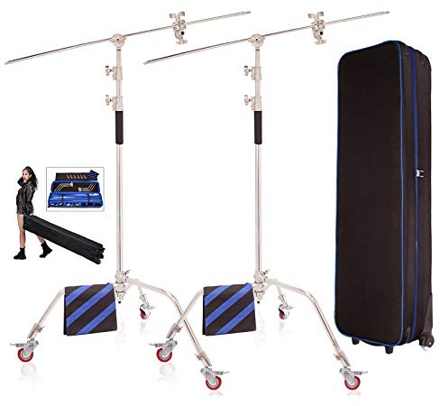 2X Hochwertig C Ständer Lichtstativ mit 127cm Galgenarm Griffkopf Sandsack Rollen und Tragetasche, einstellbar 150-300cm, Komplettsatz für professionelles Fotostudio, Videograf, Reflektor