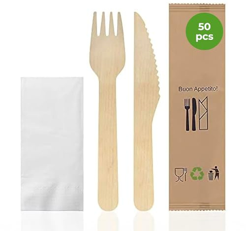 Bioexxe Set Posate Usa e Getta Imbustate - Posate Monouso in Legno, Biodegradabili - no plastica - con Salvietta e Forchette Usa e Getta (Pacco 50 kit)