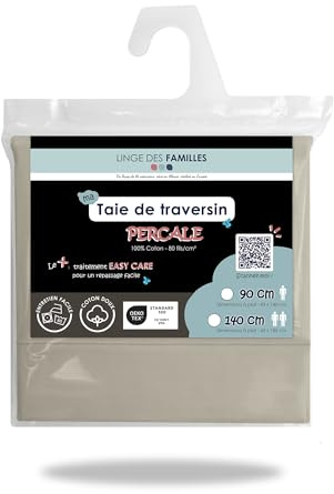 Linge des Familles - Taie 43x140 cm pour Traversin 90 cm - 100% Coton Percale - Coloris Lin - Taie de Traversin à Nouer - Label Oeko-TEX® Standard 100 - Fabriquée en Europe