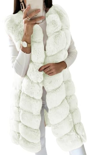 ORANDESIGNE Abrigo Largo de Piel Sintética para Mujer sin Mangas Peludo Moda Chaleco de Piel Sintética Chaqueta Invierno Cálido Casual Abrigo Chaqueta Pelo Chaleco A Beige XXL