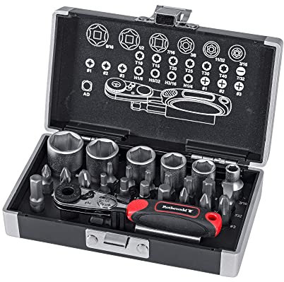 Rothewald Mini-Ratschensatz, Zöllig, 26 Teile, Motorrad-Zoll-Bordwerkzeug, Ratschen- & Bit-Set, Ideal für US-Fahrzeuge auf Touren & Reisen, Mini Werkzeugkoffer Gefüllt