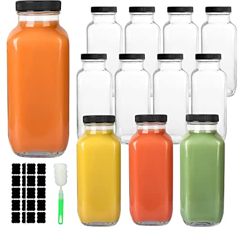 GUANENA Paquete de 12 botellas de vidrio para bebidas, botellas de agua cuadradas vintage de 16 onzas con tapas, botellas de jugo para leche, kombucha, batidos