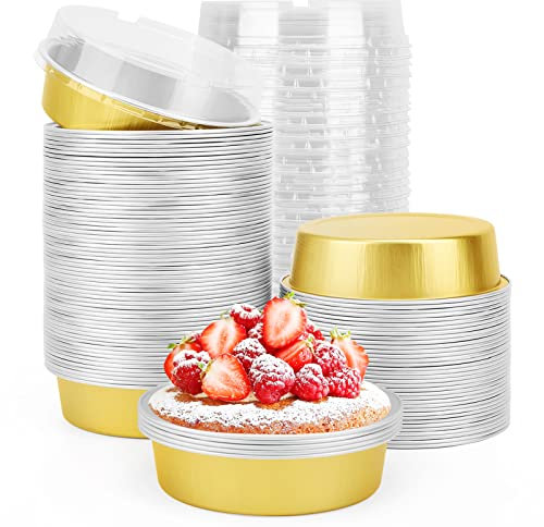 Beasea Tortiere usa e getta da 100 mini teglie con coperchi, 226,8 g in alluminio dorato tortiera di latta tortiera rotonda forno di cottura mini tortiere per torte torte torte quiche