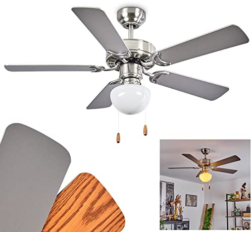 HOFSTEIN Deckenventilator Apiao, Deckenlampe aus Metall/MDF/Glas in Silber/Holzoptik/Braun/Weiß, 1 x E27, mit Schnurschalter, wendbare Rotorblätter, drei Stufen, für Wohnzimmer, Schlafzimmer, Büro