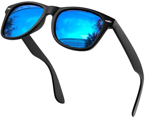 KANASTAL Polarisiert Sonnenbrille Herren und Damen Retro Klassische Rectangular Sonnenbrille UV400 Schutz für Fahren Wandern Golf Angeln, Schwarz Rahmen Verspiegelt Blau Gläser