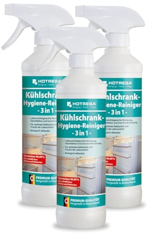 HOTREGA Kühlschrankreiniger 3in1 3x 500ml | Hygienereiniger gegen Bakterien | Beseitigt Schimmel, Fett & Gerüche | Für Gefrierschrank, Mikrowelle oder Speisekammer | Sprühflasche mit Sofort-Desinfektion