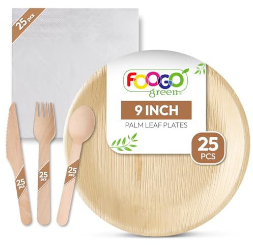 FOOGO Green 125pcs Disposable Palm Leaf Plates, Round, White Napkins | Wooden Cutlery Set and White Napkins, FSC® Certified, 25x Large Round Plates, 25x Forks, 25x Knives, 25x Spoons