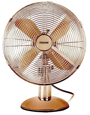 GEEPAS 12” Metal Table Fan | Electric Portable Worktop Desk Fan With 3 Speed 4 PC Aluminium Blades | Adjustable Tilt Wide Angled Oscillation Powerful Airflow for Home Office Use, Copper 35W