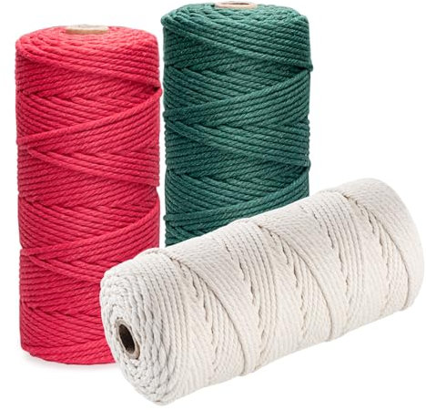 1Plusselect Filato Macramè 3mm x100m, Set di Filato Macramè Rosso Verde Bianco, Filato Macramè in Cotone 3mm, Cordoncino di Cotone Naturale, Cordoncino di Cotone per Artigianato DIY, Idee Regalo per