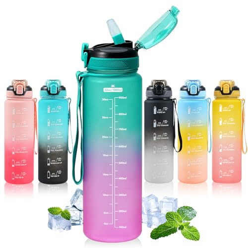 SEASEVEN Sports 1L Water Bottle with Straw for Gym,Office(Green-Purple) | Drinks Bottle,1 Litre Water Bottles with Time Markings,Girls Boys Waterbottle Leak-Proof & Bpa-Free for Outdoor
