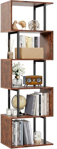 Furologee 6 Tier Bookshelf, Tall S Shaped Geometric Bookcase, Modern Display Shelf Standing Unit, Wood Metal Decorative Divider Rack for Living Room Bedroom Office, Rustic Brown