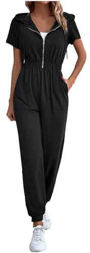 RMBLYfeiye Hosenanzug Damen Festlich Elegant V-Ausschnitt Einfarbiges Jumpsuit Lang Kurzarm Sommer Overall Mit Reißverschluss Straight Leg Playsuit Taschen Stretch Latzhose