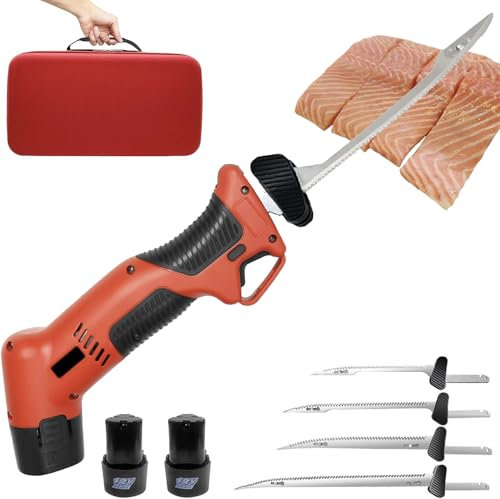 OmePS Cuchillo de Filete de Pescado eléctrico inalámbrico, Cuchillo de Filete eléctrico inalámbrico para Pescado/Pesca al Aire Libre, con 4 Cuchillas alternativas antiadherentes recubiertas de Acero