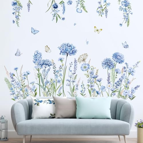 decalmile Wandsticker Blumen Blau Wandtattoo Wildblumen Mädchen | Abziehbare und Aufklebbare Wandaufkleber, DIY Abnehmbare Wandkunst Abziehbilder, Wandfreundlich, Leuchtenden Farben