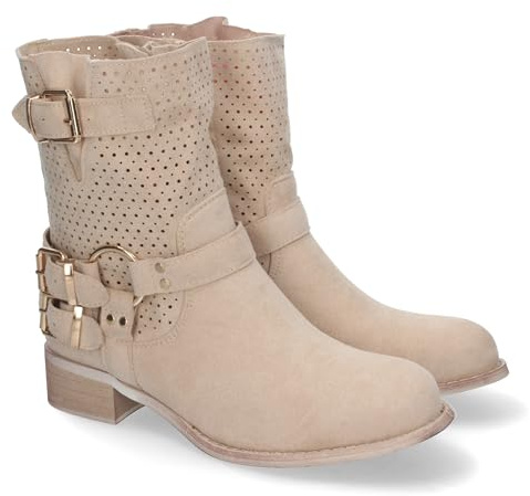 82469-Botines de Mujer con Tacon Bajo y Adornos de Hebillas, Estilo Casual, Cana Calada, Cremallera Lateral, Punta Redonda, Toda Ocasion. Talla 38 Beige