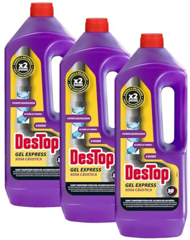 Destop desatascador tuberías con sosa cáustica, formato gel, 1L, total 4 dosis (Paquete de 3)
