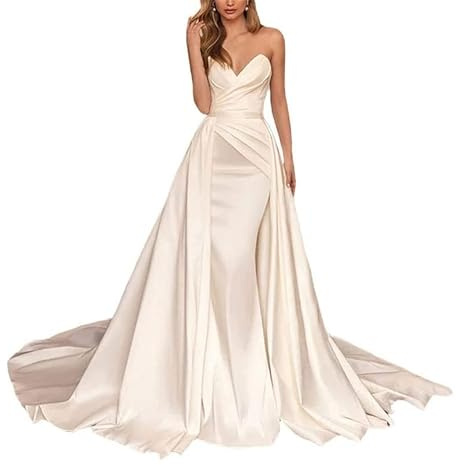 Elegante Vestido de Novia de Sirena de Satén Vestido de Novia Plisado para Mujeres Vestido de Novia sin Tirantes Vestido de Novia, SEVENYXX, Beige, 38