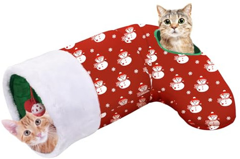 Pawaboo Katzenspielzeug, 2 Wege Weihnachtssocke Katzentunnel Upgrade Weihnachten Tunnel Spielzeug mit Crinkle Papier & Federstahlrahmen Spielzeug Kleintier Röhr für Kätzchen, Roter Schneemann