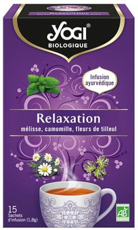 Yogi Biologique Relaxation, Infusion 100% Bio Mélisse, Camomille et Fleurs de Tilleul, 15 Sachets thermosoudés et sans agrafe, 21.6 g, 310816