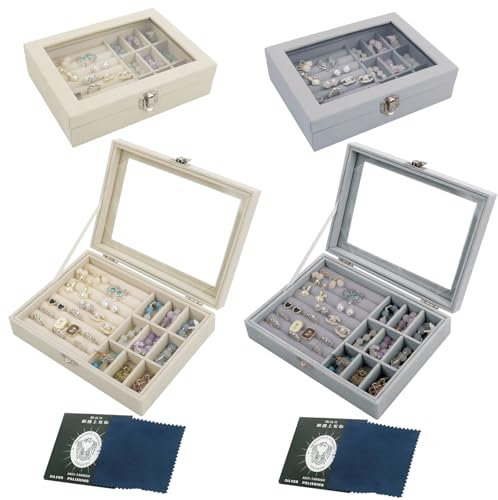 NVGVUP 2 Stück Schmuckkästchen mit Glasdeckel, Damen Schmuck Aufbewahrungsbox, Samt Schmuckkasten für Ringe Ohrringe Halskette(Grau+Beige)