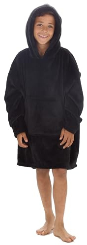 WS-AW24 Kids Boys Plain Plush Fleece Super Warm Oversized Blanket Hoodie Baggy Lounge Sweatshirt Black 7-13 Years
