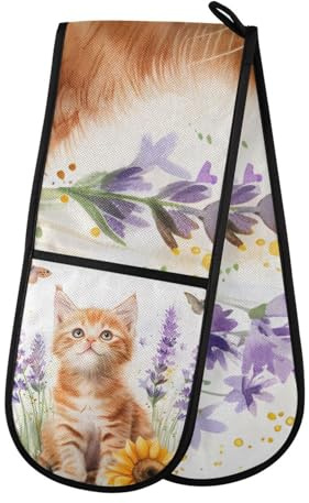 Oven Gloves Double Oven Gloves Kitten Lavender Heat Oven Mitts Pot Holder Heat Resistant Quilted for BBQ Baking Kitchen Cooking Gloves