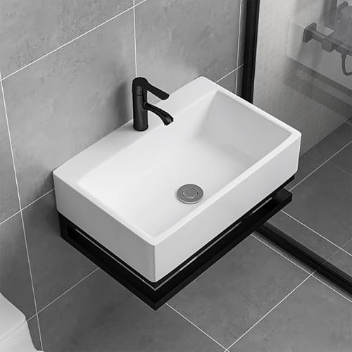 Lavabo Mural pour Salle de Bain, Petit Lavabo en Céramique avec Support en Acier Inoxydable, Vasque Rectangulaire Flottante avec Robinet D'eau Chaude et Froide(52x36x25cm)