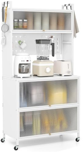 FANTASK Küchenschrank hoch, Küchenregal mit Rollen, Buffetschrank mit Klapptüren, Stecktafel, Haken & Kippschutz, Standregal Hochschrank, 80 x 40 x 160 cm (Weiß)