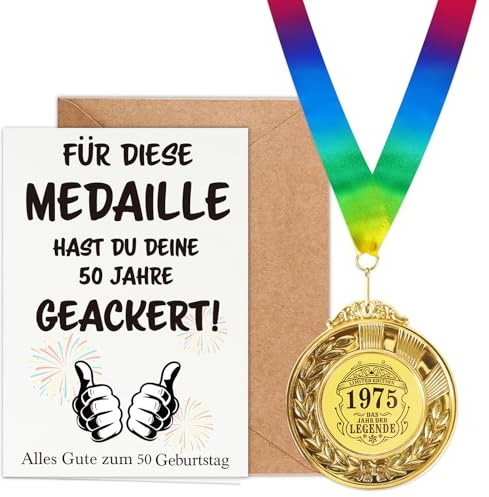 WenmthG 50 Geburtstag Geschenk mit Medaille, Geburtstagskarte, Umschlag - 50 Geburtstagsgeschenk für Männer und Frauen - Alles Gute zum 50 Geburtstag - Lustige Geburtstagsgeschenke