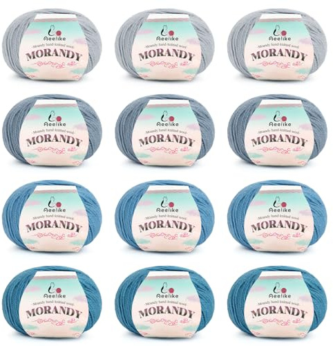 Aeelike 600 g (12 x 50 g) Schurwolle (Merino) ull för stickning, super varm virkning, ultramjukt handstickgarn, stickull set för nybörjare, erfarna virkare, blå